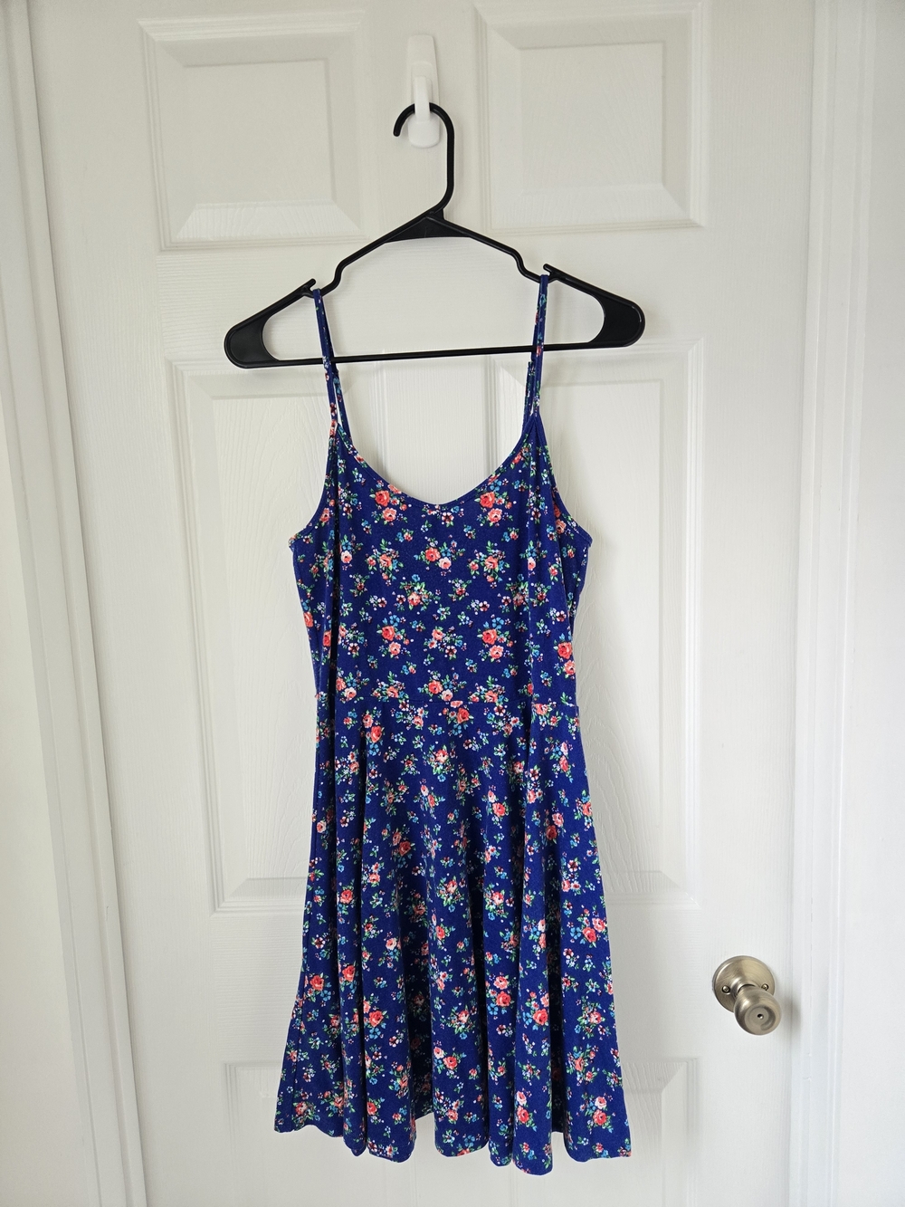 Twik Navy Blue Red Floral V Neck Scoop Neck A-line Dress Medium